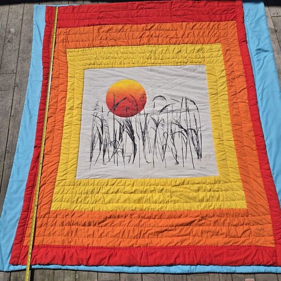 Tamarack Vintage Print Upcycled MCM Blanket Quilt Red Yellow Handmade Bright Art - Picture 3 of 9